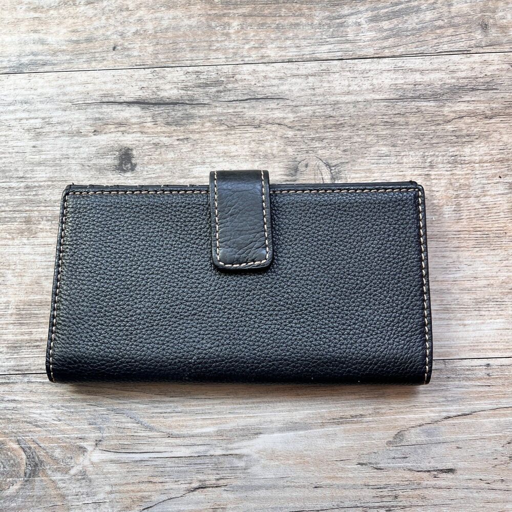 Black Genuine Leather Checkbook Wallet Organizer Snap Closure Vintage Pebble